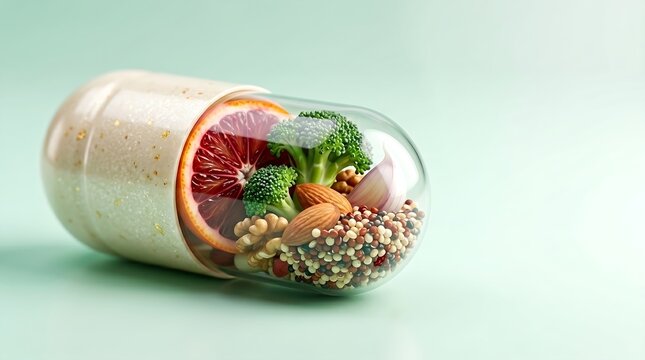 Natural vitamin supplement capsule with fresh fruits and vegetables