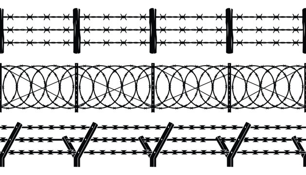Collection of barbed wire fences and security barriers in vector format for industrial or military themes transparent background.