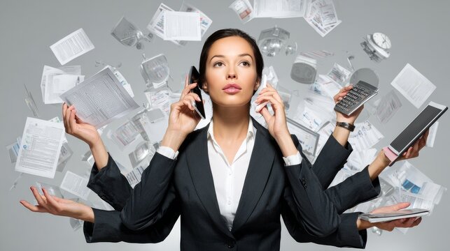 Dynamic shot of a female CEO multitasking efficiently, with a blank top-left area for tips.