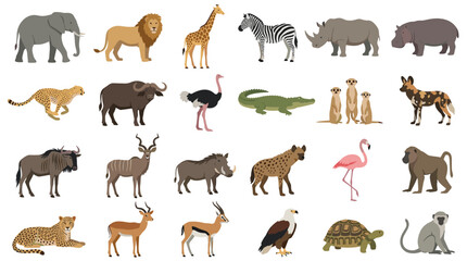 Obraz premium Collection of African Wildlife Animals in a Vibrant Cartoon Style