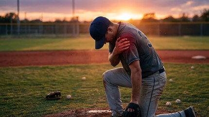 Fototapeta premium Baseball Player Shoulder Injury on Field: Sports Medicine, Athlete Pain, Physical Therapy & Recovery Concept