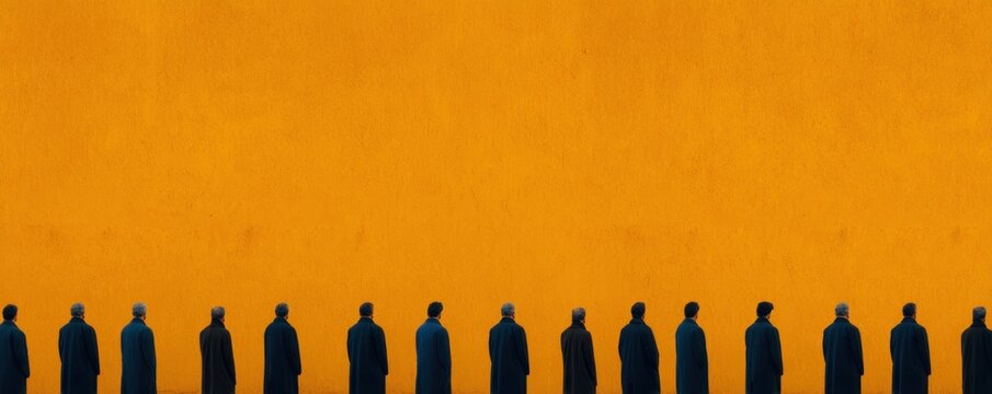 Row of men wearing dark coats standing against vibrant orange wall representing corporate conformity individuality loss workplace identity and modern organizational control concept