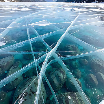 Ultra realistic photography, crystal clear transparent ice of Lake Baikal in winter, deep turquoise water visible through thick cracked ice, underwater rocks and bottom detail, no people, no hands, un