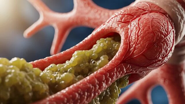 Detailed medical visualization, severe chronic lung disease, critical bronchial obstruction, inflamed respiratory airway, thick green mucus affecting pulmonary health
