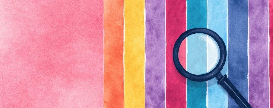Magnifying Glass Over Colorful Vertical Watercolor Stripes Representing Creative Design Research Trend Exploration and Artistic Visual Analysis