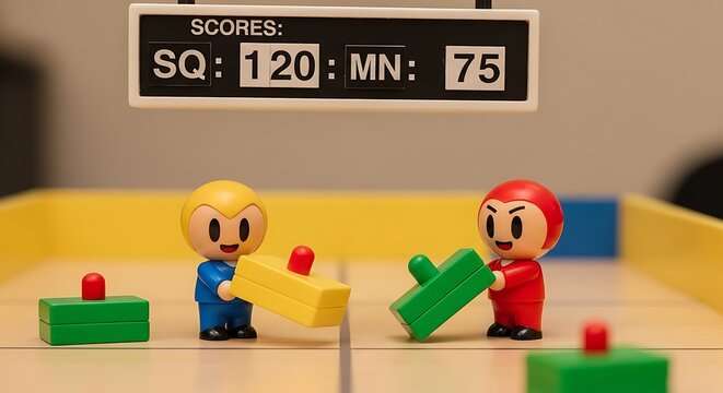 Children playing with building blocks and numbers game.