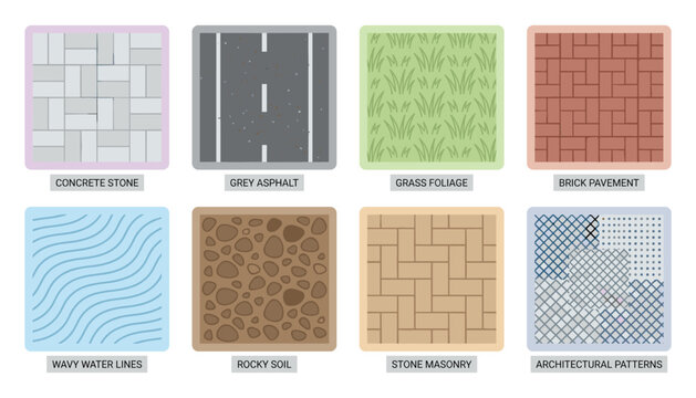 Seamless vector patterns texture backgrounds for design concrete stone grey asphalt grass foliage brick pavement.