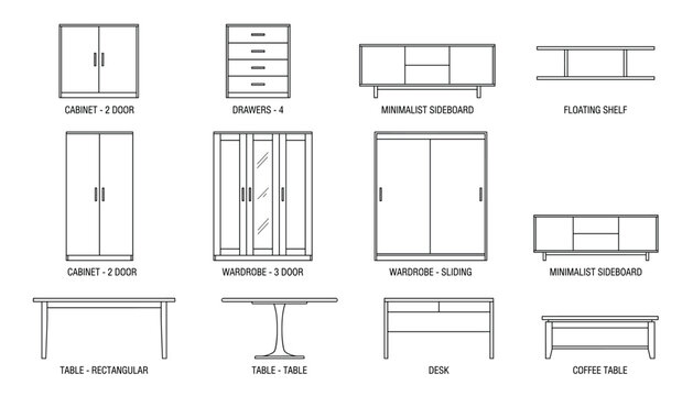 Set of modern furniture icons including cabinets drawers wardrobe sideboard floating shelf table desk coffee table and other home interior elements for design.