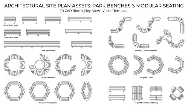 Architectural site plan assets for park benches and modular seating vector illustration, top view, transparent.