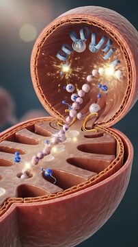 Mitochondrion, illustrating vital cellular respiration, producing adenosine triphosphate, showing complex biochemical reaction, demonstrating metabolic energy conversion inside cell.