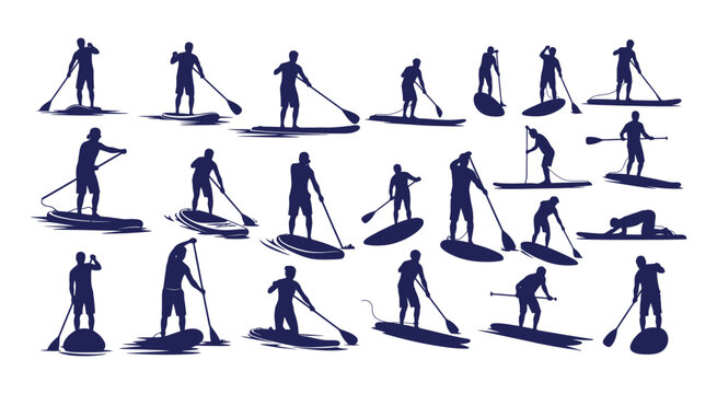 Set of silhouettes of people stand up paddle boarding
