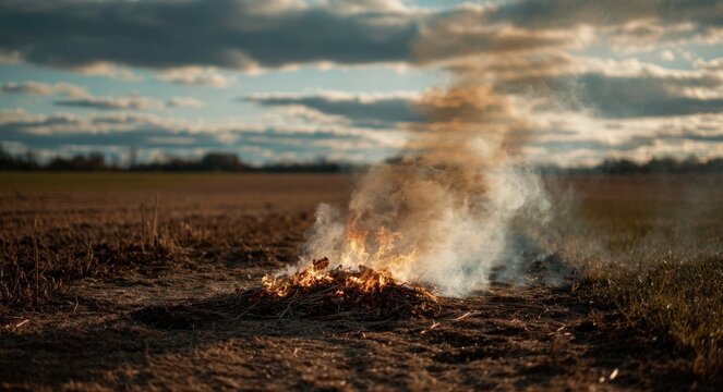 Small pile of burning combustible material on dry ground with billowing smoke under stormy sky