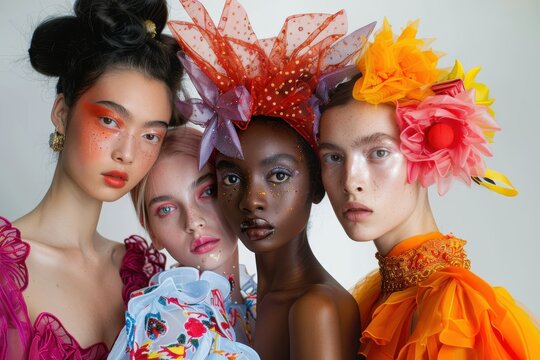 A group of diverse models showcase avant-garde fashion with vibrant, theatrical makeup and elaborate headpieces, embodying a fusion of haute couture and artistic expression.
