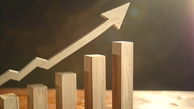 Wooden blocks forming a rising financial growth chart on table