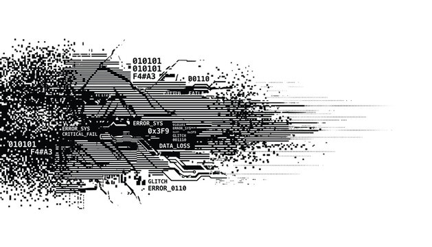 Digital data fragmentation and glitch effect abstract vector background with binary code and circuit board elements, transparent.