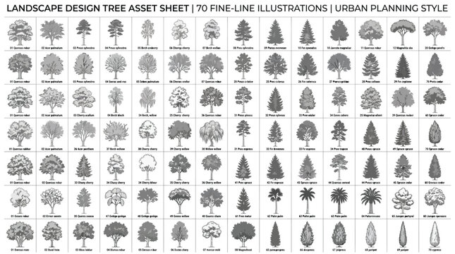 Landscape design tree asset sheet with 70 fineline illustrations for urban planning and architectural drawings