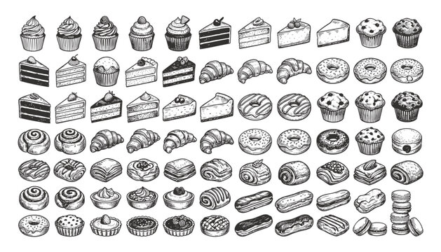Assortment of delicious baked goods and desserts, cupcakes, cakes, croissants, donuts, vector, transparent png.