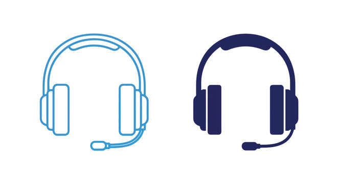 Professional headset with microphone icons: Glyph and solid icon set - Icon vector - logo icons. Blue, Black and white icons