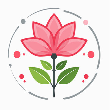 Stylized Pink Lotus Flower Icon with Green Leaves and Geometric Elements