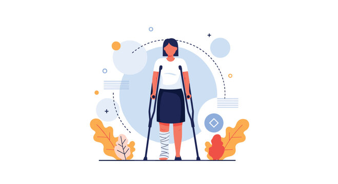 Young woman with a broken leg in a bandage cast uses crutches for mobility in a modern flat vector illustration with abstract elements.