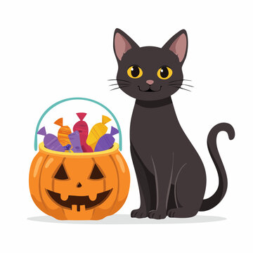 Black Cat and Halloween Candy Bucket