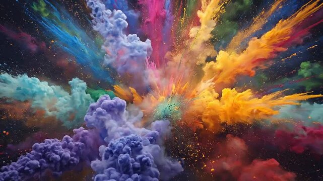 A vibrant explosion of colorful powder against a dark background