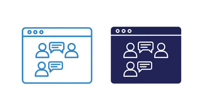Web browser window with group chat icon: Clipart, sticker - icon set - Line and glyph solid icon and logo template 
