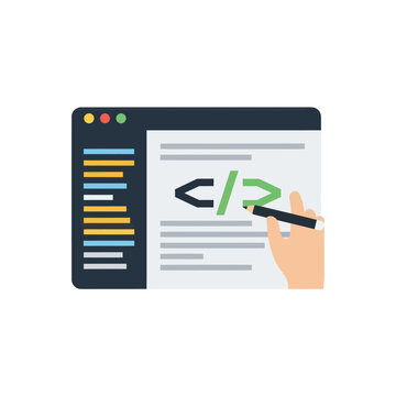 Hand writing code on computer screen.