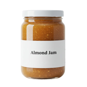 Close-up of a glass jar of almond jam paste isolated on white background