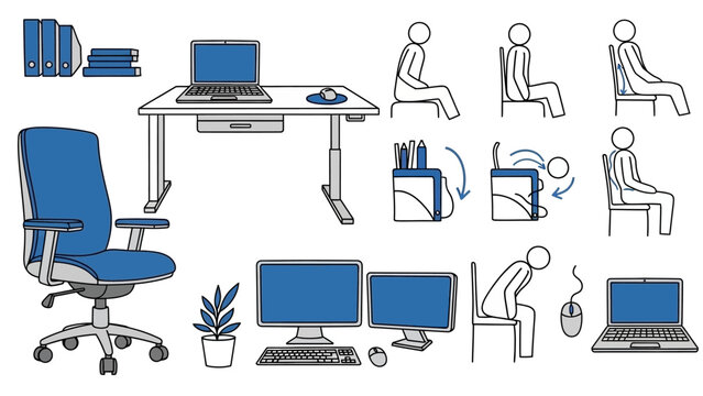 Ergonomic office setup and correct sitting postures for healthy work environment.