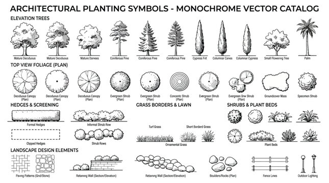 Architectural planting symbols monochrome vector catalog for landscape design and site planning