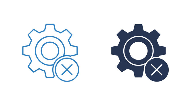Gear icon with error cross symbol: Icon set - Minimalist, flat icon, outline, glyph, linear, clipart, sticker 