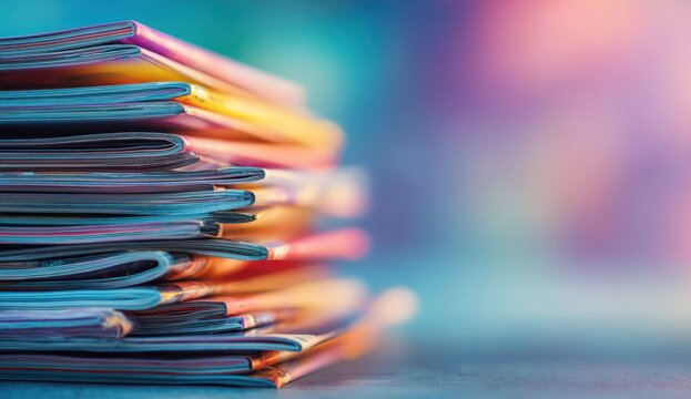 Stack of colorful magazines with glossy covers showcasing vibrant hues and textured surfaces arranged in a flowing composition