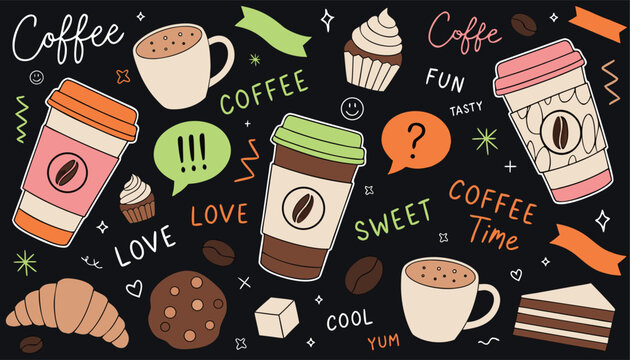 A vibrant illustration of various coffee drinks and treats on a black background with colorful text.