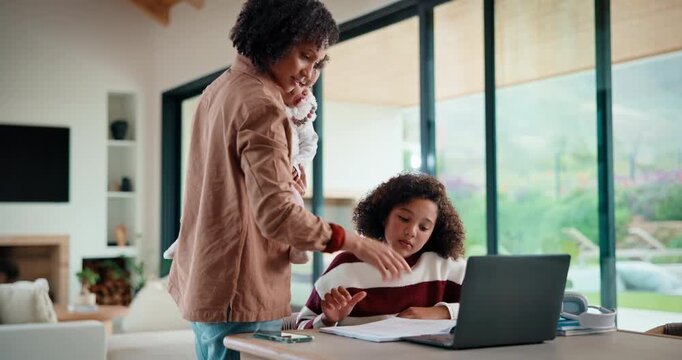 Homework, help and mom with children on laptop for online lesson, elearning and studying for test. Family, home and mother with girl on computer for teaching, assistance and knowledge for education