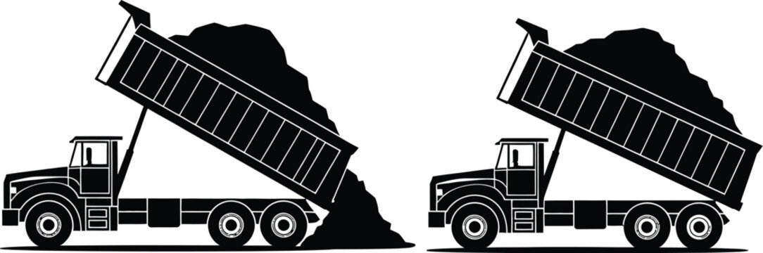 Dump truck silhouette illustration set, construction hauling and unloading vehicles vector isolated industrial transport design background artwork