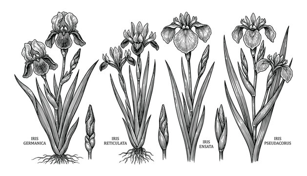 Detailed botanical illustration of iris flowers including iris germanica reticulata ensata pseudacorus varieties.