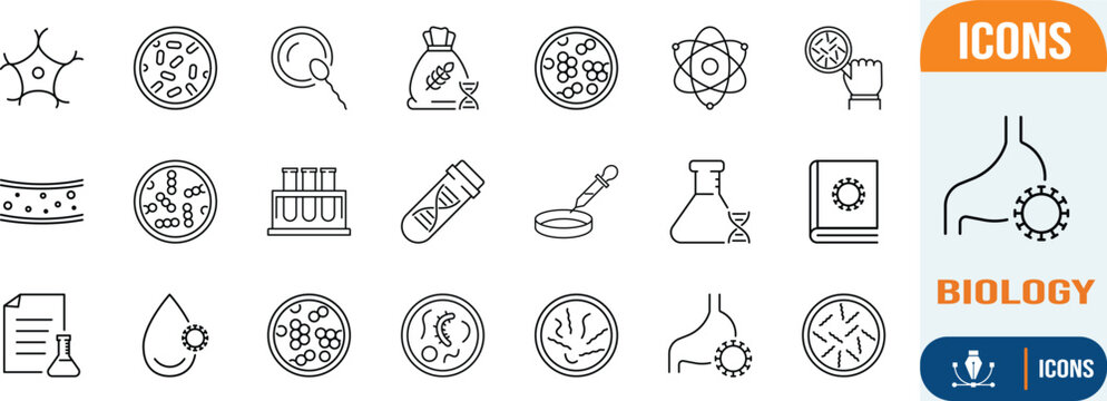 Biology and microbiology science icons. dna icon set, tube icon set, cell icon set