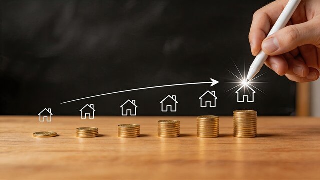 Real estate investment concept with stacks of gold coins growing into house icons, property market value increase and savings accumulation for home buying
