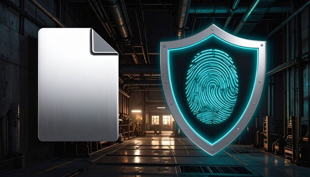 Metallic file icon beside glowing shield with fingerprint, industrial backdrop, symbolizing cybersecurity, secure storage, and identity verification in digital protection systems.