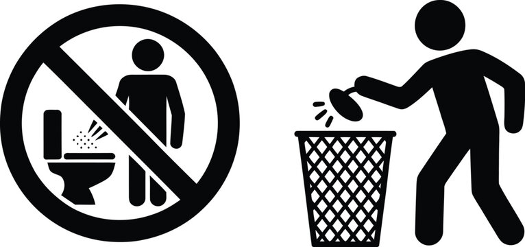 Public safety prohibition icons, toilet misuse and trash disposal symbols vector isolated minimalist signage design collection background illustration