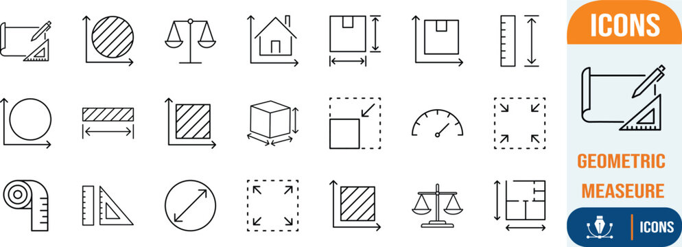 Geometric measurement and dimension icons. ruler icon set, balance icon set, house icon set