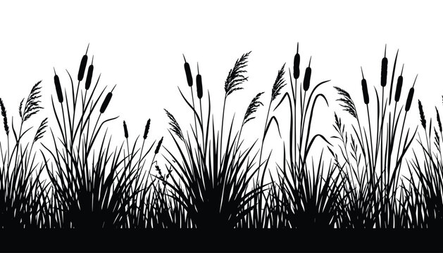 Black silhouette of reeds and cattails on transparent background, nature border.