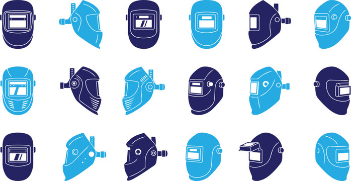 Welding masks collection: assorted safety helmets for welders with equipment protection industrial occupational apparatus headwear industry construction collection