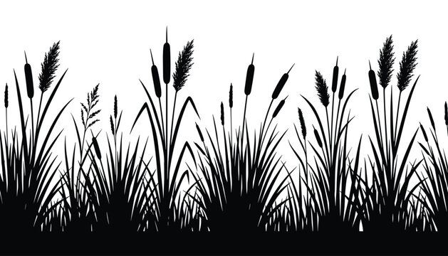 Silhouette of marsh plants, reeds and cattails on transparent background, nature border.