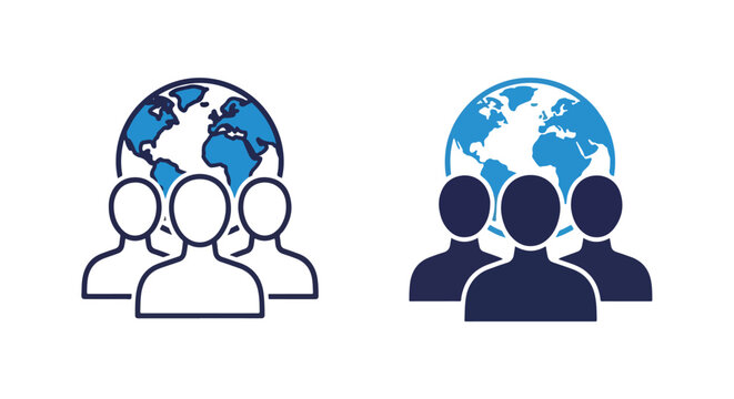 People group silhouette with globe icon: Glyph and solid icon set - Icon vector - Editable line icons. Vector illustration