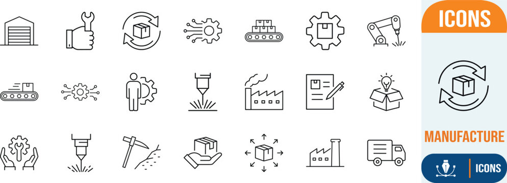 Manufacturing production and logistics icons. factory icon set, conveyor icon set, box icon set