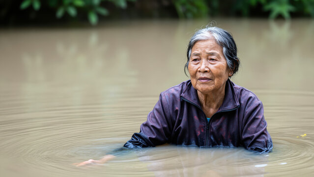 Resilience in the Rising Tide: An elderly woman stands immersed in muddy floodwaters, her face etched with worry yet resolute as she navigates the challenges of a natural disaster.