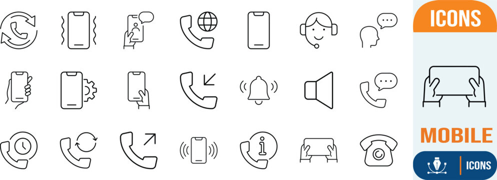 Mobile phone call support icons. smartphone icon set, telephone icon set, headset icon set