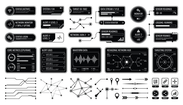 Modern technology interface elements and futuristic UI graphics with network connections transparent vector art.
